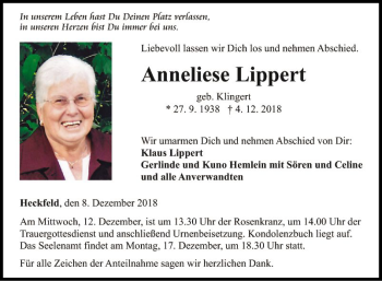 Traueranzeige von Anneliese Lippert von Fränkische Nachrichten