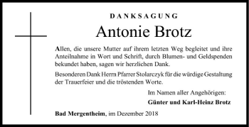 Traueranzeige von Antonie Brotz von Fränkische Nachrichten