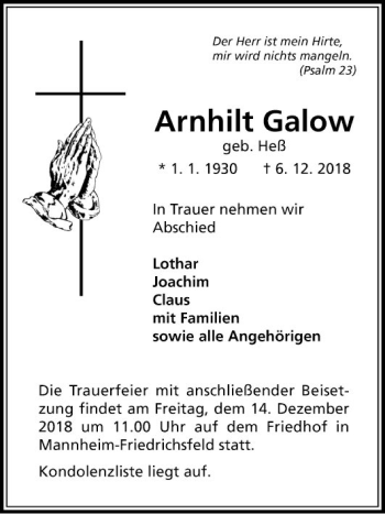 Traueranzeige von Arnhilt Galow von Mannheimer Morgen