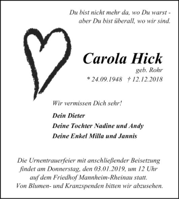 Traueranzeige von Carola Hick von Mannheimer Morgen