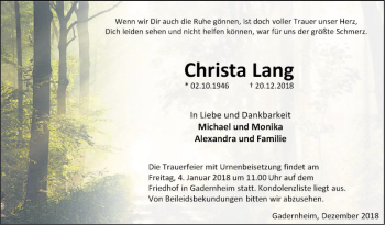 Traueranzeige von Christa Lang von Bergsträßer Anzeiger