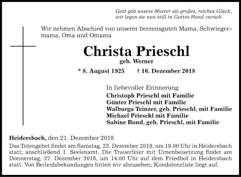  Traueranzeige für Christa Prieschl vom 21.12.2018 aus Fränkische Nachrichten