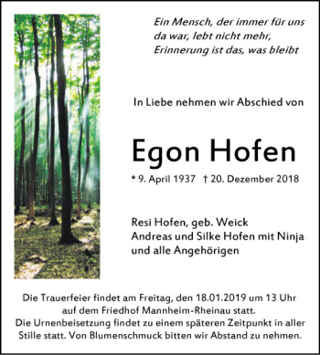 Traueranzeige von Egon Hofen von Mannheimer Morgen