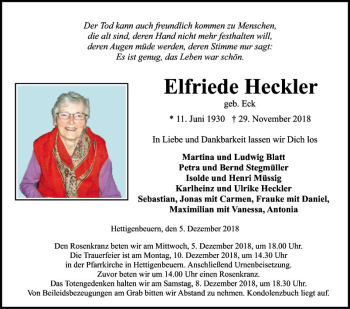 Traueranzeige von Elfriede Heckler von Fränkische Nachrichten