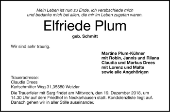 Traueranzeige von Elfriede Plum von Mannheimer Morgen