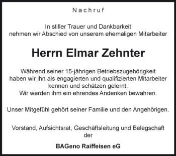 Traueranzeige von Elmar Zehnter von Fränkische Nachrichten