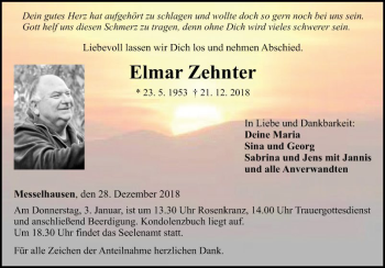 Traueranzeige von Elmar Zehnter von Fränkische Nachrichten