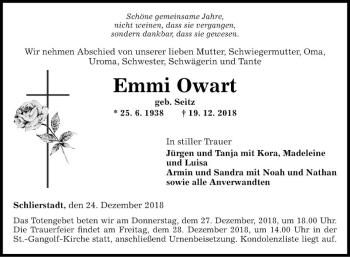 Traueranzeige von Emmi Owart von Fränkische Nachrichten