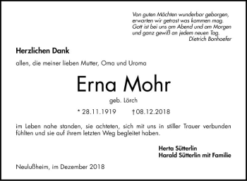 Traueranzeige von Erna Mohr von Schwetzinger Zeitung