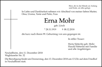 Traueranzeige von Erna Mohr von Schwetzinger Zeitung