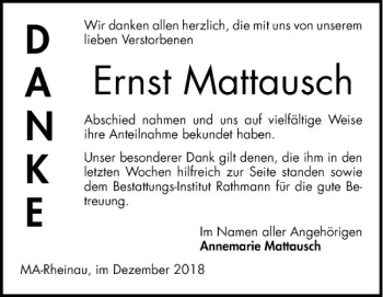 Traueranzeige von Ernst Mattausch von Mannheimer Morgen