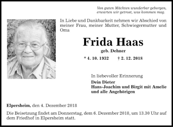 Traueranzeige von Frida Haas von Fränkische Nachrichten