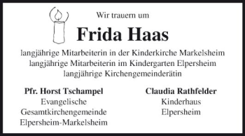 Traueranzeige von Frida Haas von Fränkische Nachrichten