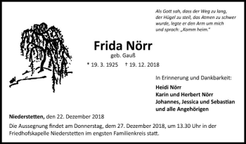 Traueranzeige von Frida Nörr von Fränkische Nachrichten