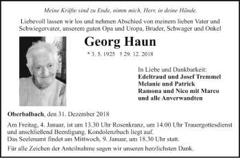 Traueranzeige von Georg Haun von Fränkische Nachrichten