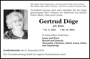 Traueranzeige von Gertrud Döge von Fränkische Nachrichten