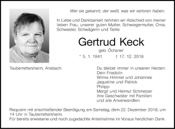 Traueranzeige von Gertrud Keck von Fränkische Nachrichten