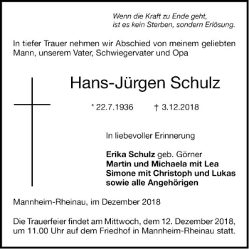 Traueranzeige von Hans-Jürgen Schulz von Mannheimer Morgen