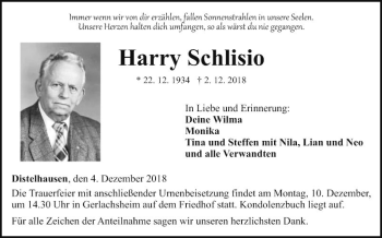 Traueranzeige von Harry Schlisio von Fränkische Nachrichten