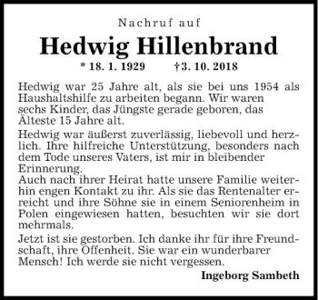Traueranzeige von Hedwig Hillenbrand von Fränkische Nachrichten