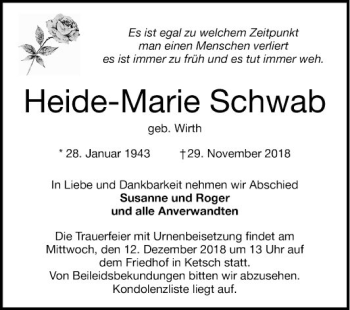 Traueranzeige von Heide-Marie Schwab von Schwetzinger Zeitung