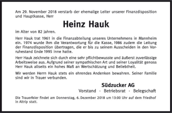 Traueranzeige von Heinz Hauk von Mannheimer Morgen