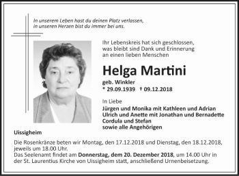 Traueranzeige von Helga Martini von Fränkische Nachrichten