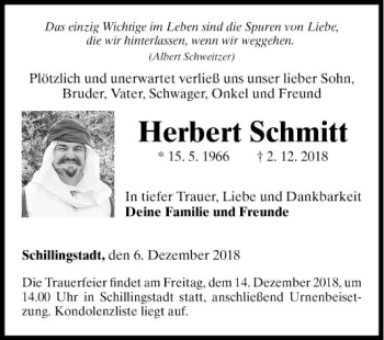 Traueranzeige von Herbert Schmitt von Fränkische Nachrichten