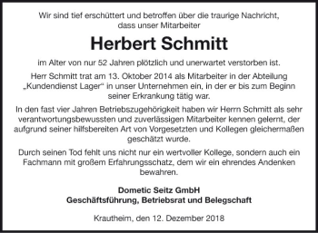 Traueranzeige von Herbert Schmitt von Fränkische Nachrichten