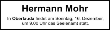 Traueranzeige von Hermann Mohr von Fränkische Nachrichten