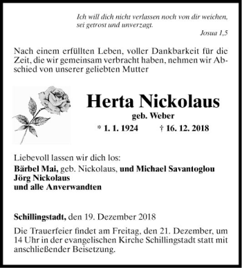 Traueranzeige von Herta Nickolaus von Fränkische Nachrichten