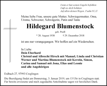 Traueranzeige von Hildegard Blumenstock von Fränkische Nachrichten