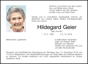 Traueranzeige von Hildegard Geiger von Fränkische Nachrichten