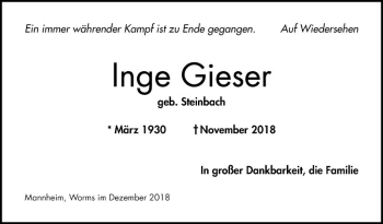 Traueranzeige von Inge Gieser von Mannheimer Morgen