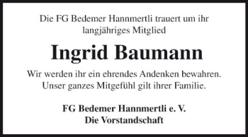 Traueranzeige von Ingrid Baumann von Fränkische Nachrichten