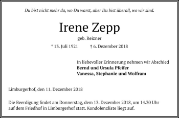 Traueranzeige von Irene Zepp von Mannheimer Morgen