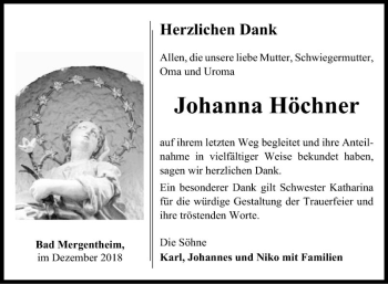 Traueranzeige von Johanna Höchner von Fränkische Nachrichten