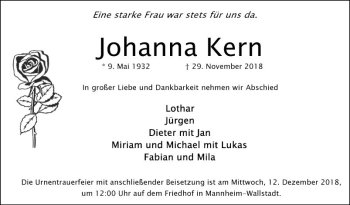 Traueranzeige von Johanna Kern von Südhessen Morgen