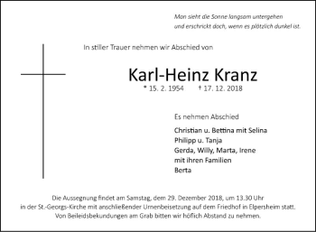 Traueranzeige von Karl-Heinz Kranz von Fränkische Nachrichten