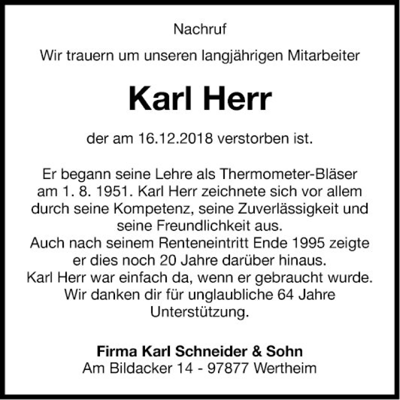  Traueranzeige für Karl Herr vom 28.12.2018 aus Fränkische Nachrichten