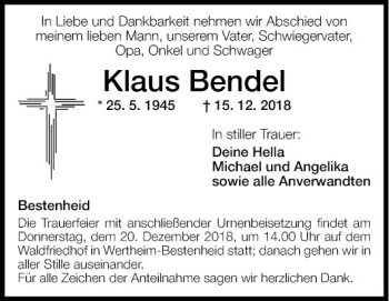 Traueranzeige von Klaus Bendel von Fränkische Nachrichten