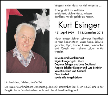 Traueranzeige von Kurt Esinger von Bergsträßer Anzeiger