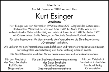 Traueranzeige von Kurt Esinger von Bergsträßer Anzeiger