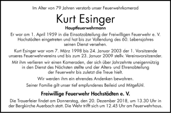 Traueranzeige von Kurt Esinger von Bergsträßer Anzeiger