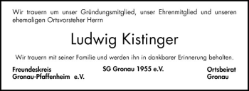 Traueranzeige von Ludwig Kistinger von Bergsträßer Anzeiger