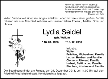 Traueranzeige von Lydia Seidel von Mannheimer Morgen