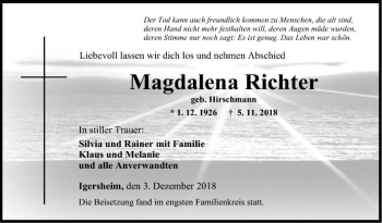 Traueranzeige von Magdalena Richter von Fränkische Nachrichten