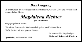 Traueranzeige von Magdalena Richter von Fränkische Nachrichten