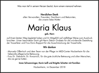 Traueranzeige von Maria Klaus von Schwetzinger Zeitung