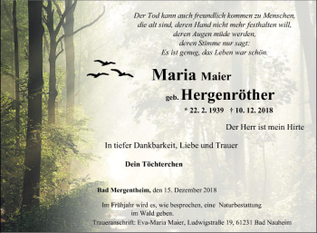 Traueranzeige von Maria Maier von Fränkische Nachrichten